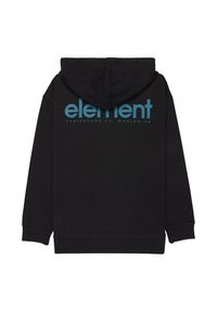 Sudadera con capucha negra con texto azul "element" y "Skateboard Co. Worldwide" impreso debajo en la parte trasera, con puños y dobladillo acanalados.