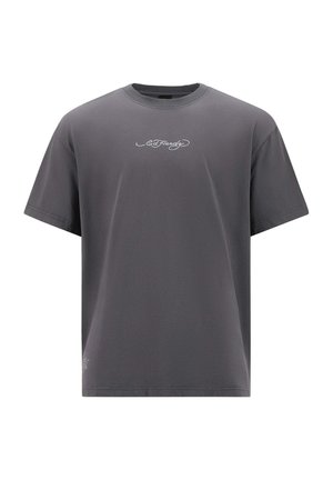 T-shirt grigio in cotone con vestibilità rilassata, colletto rotondo, maniche corte e logo testuale stampato bianco sul davanti e nell'angolo in basso a sinistra.