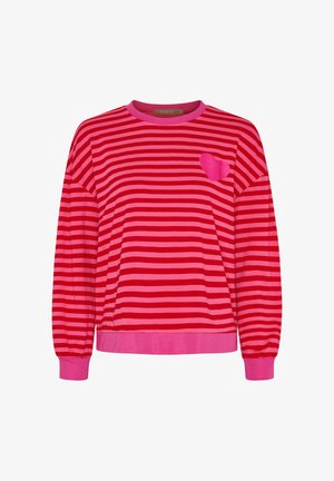 Langærmet rød og lyserød stribet sweater med lyserøde manchetter, kant, halsudskæring og et lyserødt hjerte på venstre bryst.