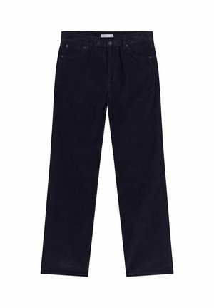 Donkerblauwe corduroy broek, met rechte pijpen, textuurstof, twee voorzakken en een knoopsluiting met gestikt tailleband.