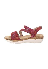 Sandales rouges avec une tige texturée arborant des motifs colorés, semelle en liège et semelle en caoutchouc. Sangles réglables pour un maintien sécurisé.