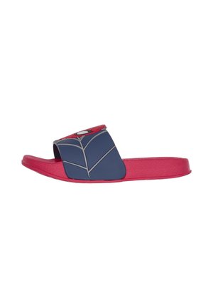 Mule avec une tige bleu marine ornée d'un motif rouge de Spider-Man. La semelle est rose vif avec une finition texturée. Style à bout ouvert.