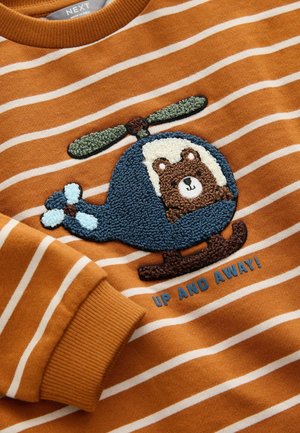 Sweatshirt rayé orange avec un design de hélicoptère bleu texturé montrant un ours, et le texte bleu "EN AVANT ET EN HAUT !" en dessous.