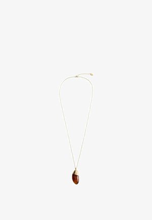 Collier délicat en chaîne d'or avec un pendentif ovale couleur ambre-brun partiellement recouvert de métal doré brillant.
