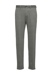Pantalons gris texturés avec une coupe droite, poches avant et fermeture à bouton à la taille. Tissu lisse qui donne une apparence soignée.