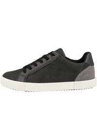 Sneaker nere e grigie con una tomaia testurizzata, punta liscia e un pannello del tallone testurizzato in contrasto. Presentano lacci neri e una suola in gomma bianca.