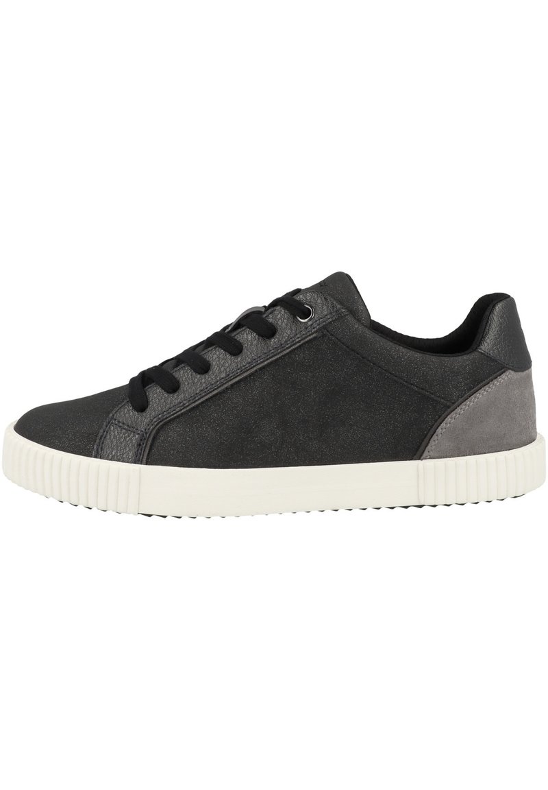 Sneaker nere e grigie con una tomaia testurizzata, punta liscia e un pannello del tallone testurizzato in contrasto. Presentano lacci neri e una suola in gomma bianca.