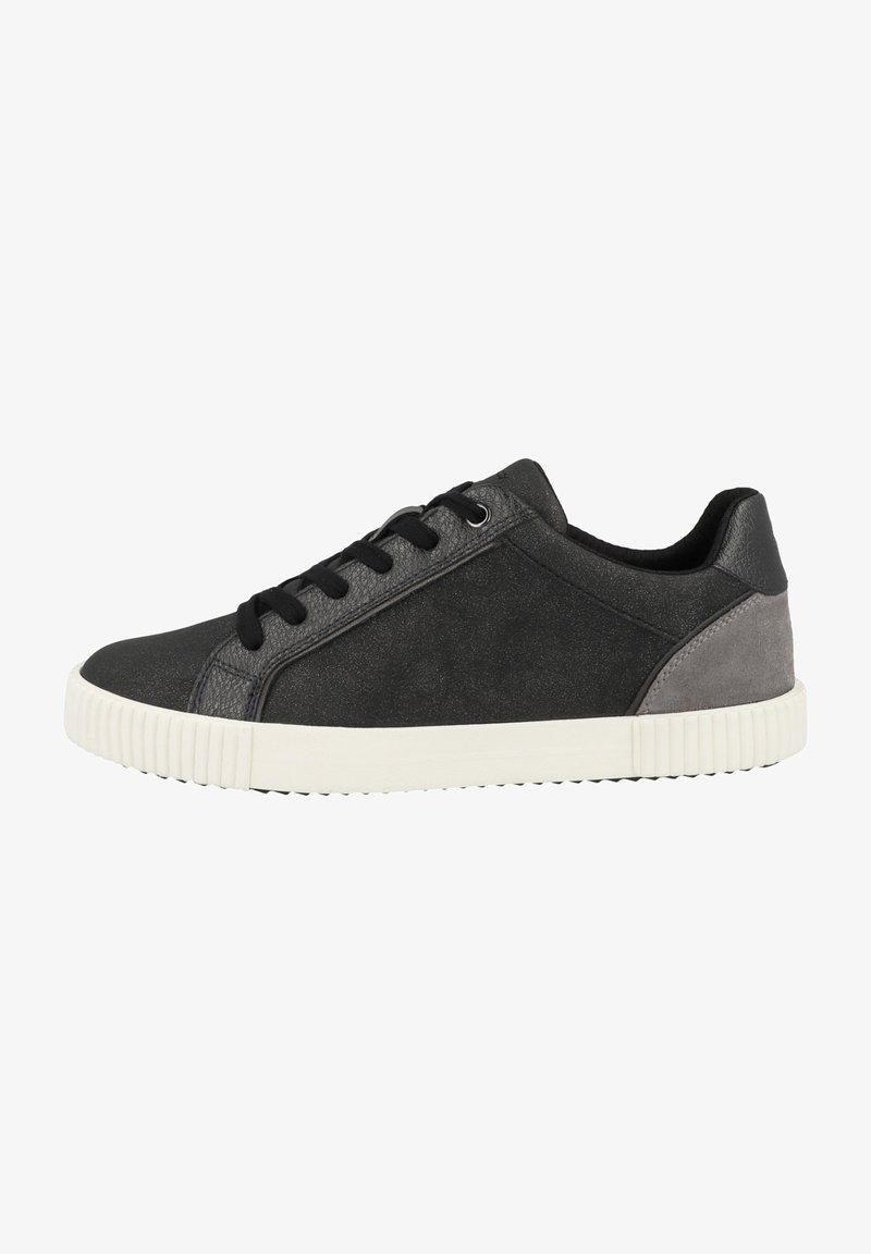 Black and gray sneakers with a textured upper, smooth toe, and contrasting textured heel panel. Features black laces and a white rubber sole.