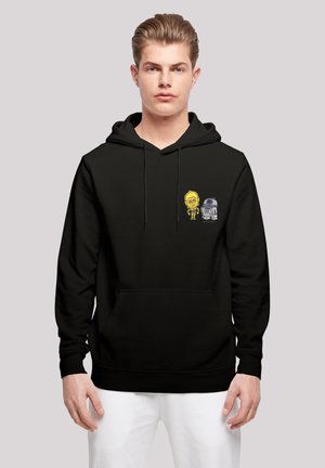 Black hoodie featuring a front pocket, drawstring hood, and printed graphics of cartoon characters. Soft fabric and casual design.