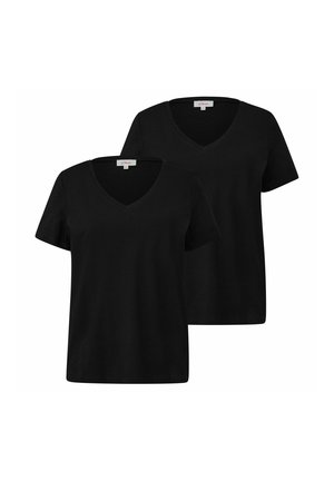 Two plain black short-sleeve V-neck t-shirts, one slightly behind the other, displayed on a white background.