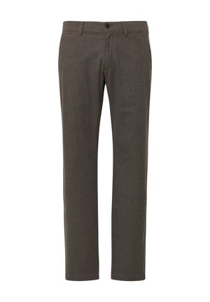 Ciemnobrązowe spodnie z delikatnym wzorem w paski, wykonane z teksturowanej tkaniny. Posiadają zapięcie na guzik i standardowe kieszenie.
