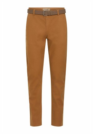 Braune Baumwollmischungshosen mit geradem Schnitt, Gürtelschlaufen, einem braunen Leder-Gürtel und sauber verarbeiteten Säumen.