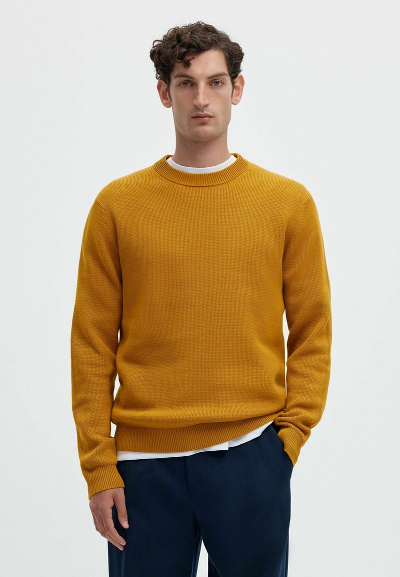 Homme aux cheveux bouclés et foncés porte un pull tricoté jaune moutarde par-dessus une chemise blanche et un pantalon bleu marine sur un fond clair uni.
