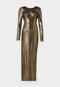 Dlouhá metalická bronzová večerní toaleta s dlouhými rukávy, přiléhavým siluetou a kulatým výstřihem na jednotném pozadí.
