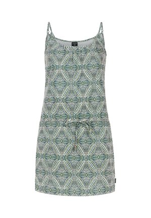 Vestido con estampado y tirantes finos, que presenta un diseño geométrico en verde, blanco y amarillo, con una cintura ajustable gracias a un cordón.