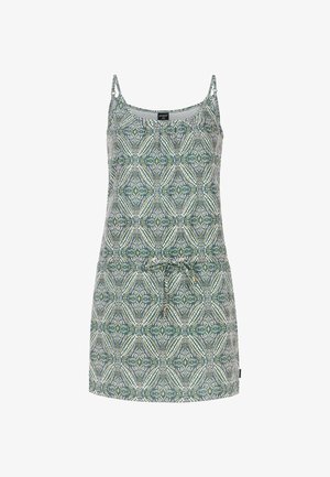 Šaty s vzorom a tenkými ramienkami, s geometrickým dizajnom v zelenej, bielej a žltej farbe, s nastaviteľným pásom na šnurovanie.