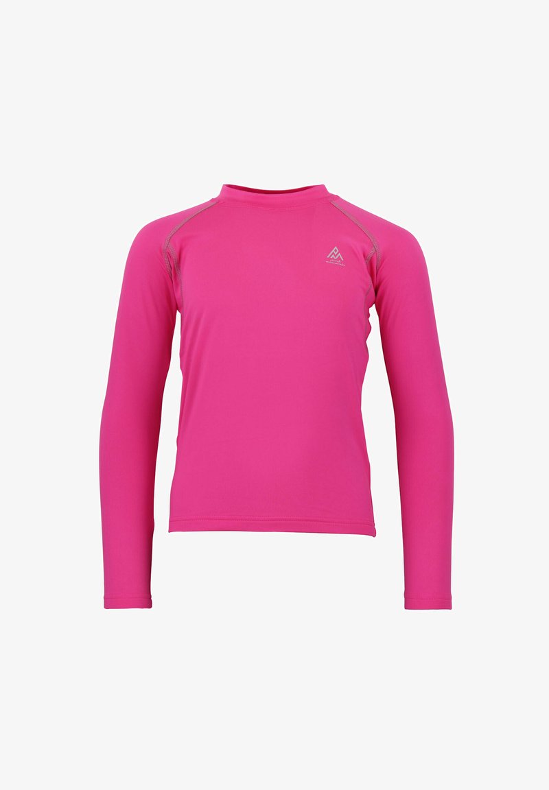 Rash guard à manches longues en rose vif, fabriqué dans un tissu extensible. Il présente des coutures à plat et un simple logo sur la poitrine.