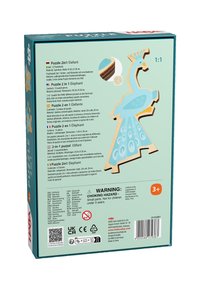 Wooden 2-in-1 puzzle box featuring a peacock design in blue and brown, with 12 sturdy pieces and dimensions 28 x 28 cm. Multilingual info on back.