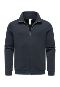 Felpa zip-up blu navy con colletto alto, realizzata in morbido tessuto, con polsini e fondo a costine, e una tasca laterale con zip.