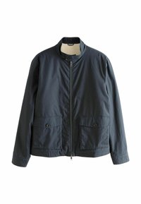 Dark navy jacket with a high collar, front zipper, and two buttoned chest pockets. Made from smooth, lightweight fabric with a relaxed fit.