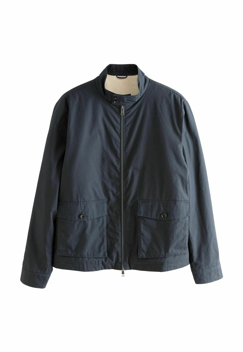 Dark navy jacket with a high collar, front zipper, and two buttoned chest pockets. Made from smooth, lightweight fabric with a relaxed fit.