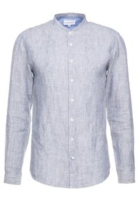 Camicia a maniche lunghe in cotone con chiusura a bottoni, colletto a fascia, motivo a righe blu e bianche e finitura in lino testurizzato.