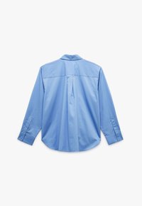 Camicia a maniche lunghe azzurro chiaro, tessuto di cotone, dettaglio della yoke posteriore, orlo curvato, polsini con bottoni, texture liscia, colletto classico.