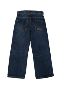 Jeans de mezclilla azul oscuro con un diseño de pierna ancha, que cuentan con dos bolsillos traseros con costuras decorativas y una cinturilla estándar.