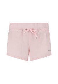 Vaaleanpunaiset urheilushortsit, jotka on valmistettu pehmeästä kankaasta ja joissa on joustava vyötärönauha säädettävällä kiristysnauhalla sekä logoyksityiskohta.