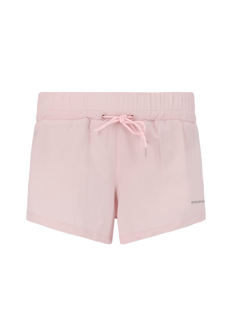 Vaaleanpunaiset urheilushortsit, jotka on valmistettu pehmeästä kankaasta ja joissa on joustava vyötärönauha säädettävällä kiristysnauhalla sekä logoyksityiskohta.