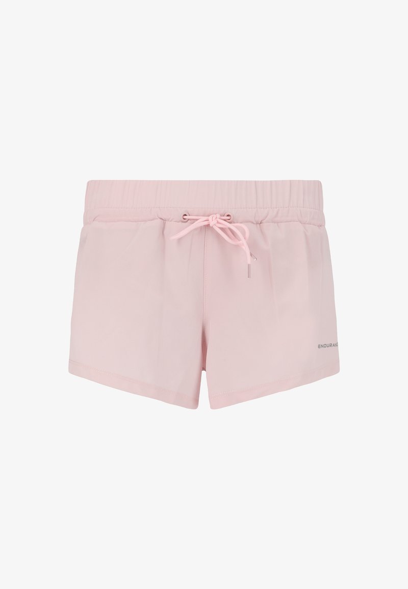 Vaaleanpunaiset urheilushortsit, jotka on valmistettu pehmeästä kankaasta ja joissa on joustava vyötärönauha säädettävällä kiristysnauhalla sekä logoyksityiskohta.