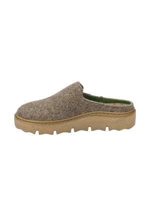 Soft brown felt slip-on clog with green inner lining and thick tan sole with deep tread grooves, viewed from the side.