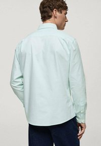 Vaalean mintunvihreä pitkähihainen paita, jossa on nappikaulus, takasauman yksityiskohta ja nappikiinnitys hihansuissa. Pehmeää puuvillakangasta.