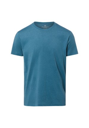 Kurzärmeliges, blau meliertes T-Shirt mit Rundhalsausschnitt und normaler Passform, von vorne auf weißem Hintergrund gezeigt.