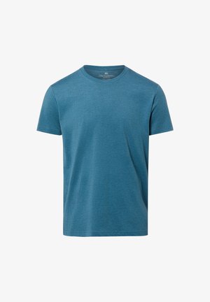 Kurzärmeliges, blau meliertes T-Shirt mit Rundhalsausschnitt und normaler Passform, von vorne auf weißem Hintergrund gezeigt.