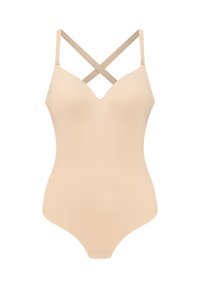 Beige bodysuit med korsryggslingor, v-ringning och slät yta. Har sömlös konstruktion för en strömlinjeformad look.