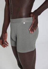 Gray stretch cotton boxer briefs with a soft elastic waistband, featuring a small logo tag and a ribbed texture throughout.