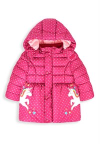 Różowa pikowana kurtka w kropki, z guzikami z przodu i kapturem. Posiada grafikę jednorożca z kolorowymi akcentami na dolnej stronie.