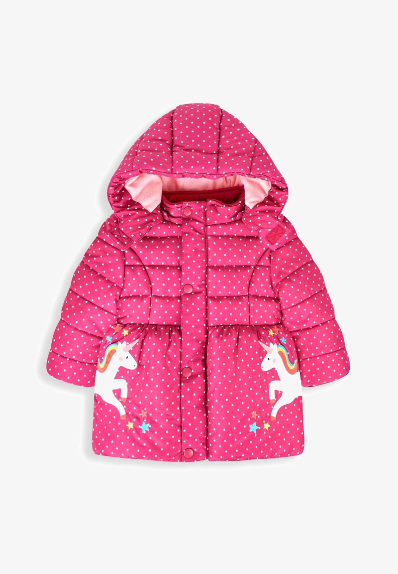 Różowa pikowana kurtka w kropki, z guzikami z przodu i kapturem. Posiada grafikę jednorożca z kolorowymi akcentami na dolnej stronie.
