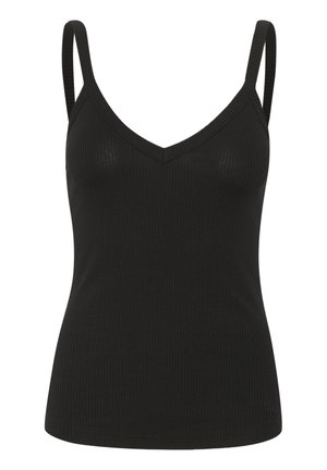 Top fără mâneci negru, cu nervuri, cu bretele subțiri, având un decolteu în V și o siluetă ajustată. Textură netedă, cu un luciu subtil și fără embellishments.