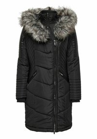 Sort polstret jakke med en aftagelig grå faux fur hætte, der har lynlåslommer i siderne, ribbede manchetter og quiltede mønsterdetaljer.
