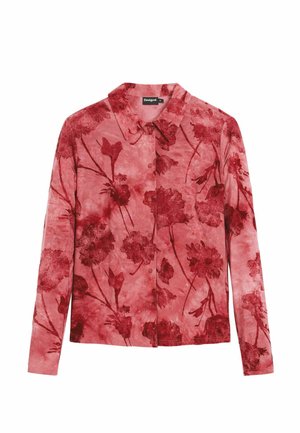 Rotes Hemd mit Blumenmuster und Kragen, mit einer hellrosa Basis und dunkelroten Blumenmustern. Langärmlig mit durchgehendem Knopfverschluss.