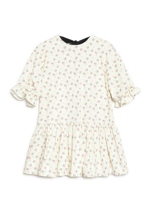 Biała sukienka z małym, różowo-niebieskim kwiatowym wzorem, ozdobiona falbankami na krótkich rękawkach oraz marszczonym dołem spódnicy.