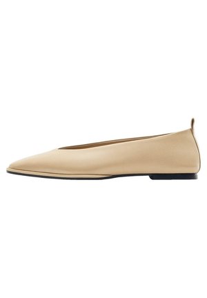 Beige leather ballet flat with a pointed toe and low black sole, featuring a smooth texture and simple design. No prominent hardware or accents.