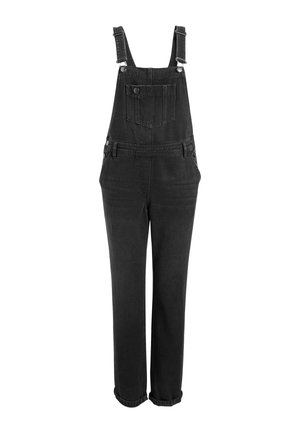 Salopette en denim noir avec bretelles ajustables, poche poitrine avant avec bouton, et pantalon à jambes droites avec revers.