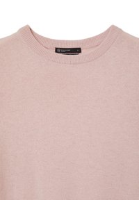 Pull à col rond rose pâle en tissu tricot doux. Il présente un col en bord-côte et une étiquette avec la marque "CALLIOPE" à l'intérieur. Taille S.