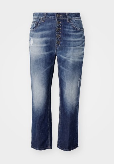 Dark blue denim jeans with a relaxed fit, featuring a button fly and distressed accents on the front, with light fading and frayed hems.