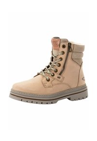 Beige Wildleder-Stiefelette mit strukturiertem Kragen, geflochtenen Schnürsenkeln und seitlichem Reißverschluss. Verfügt über eine robuste Gummisohle mit tiefen Rillen für besseren Halt.