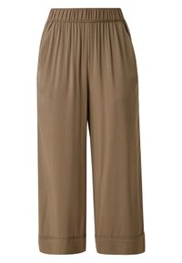 Pantalon large raccourci de couleur marron clair avec taille élastique et poches latérales, présentant un tissu texturé subtil.