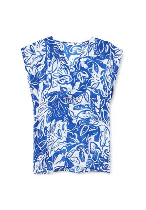 Blauw en wit top met een natuur geïnspireerd bladenpatroon, korte mouwen, V-hals en een losse, relaxte pasvorm. Katoenen materiaal.